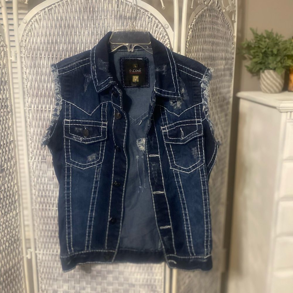 i-link Blue Demin Distressed Button Up Vest